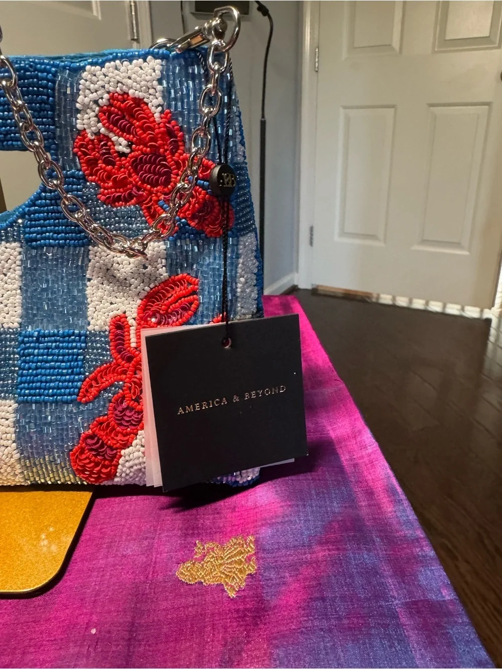 NWT America & Beyond Coastal Claw Beaded Gingham Lobster Clutch